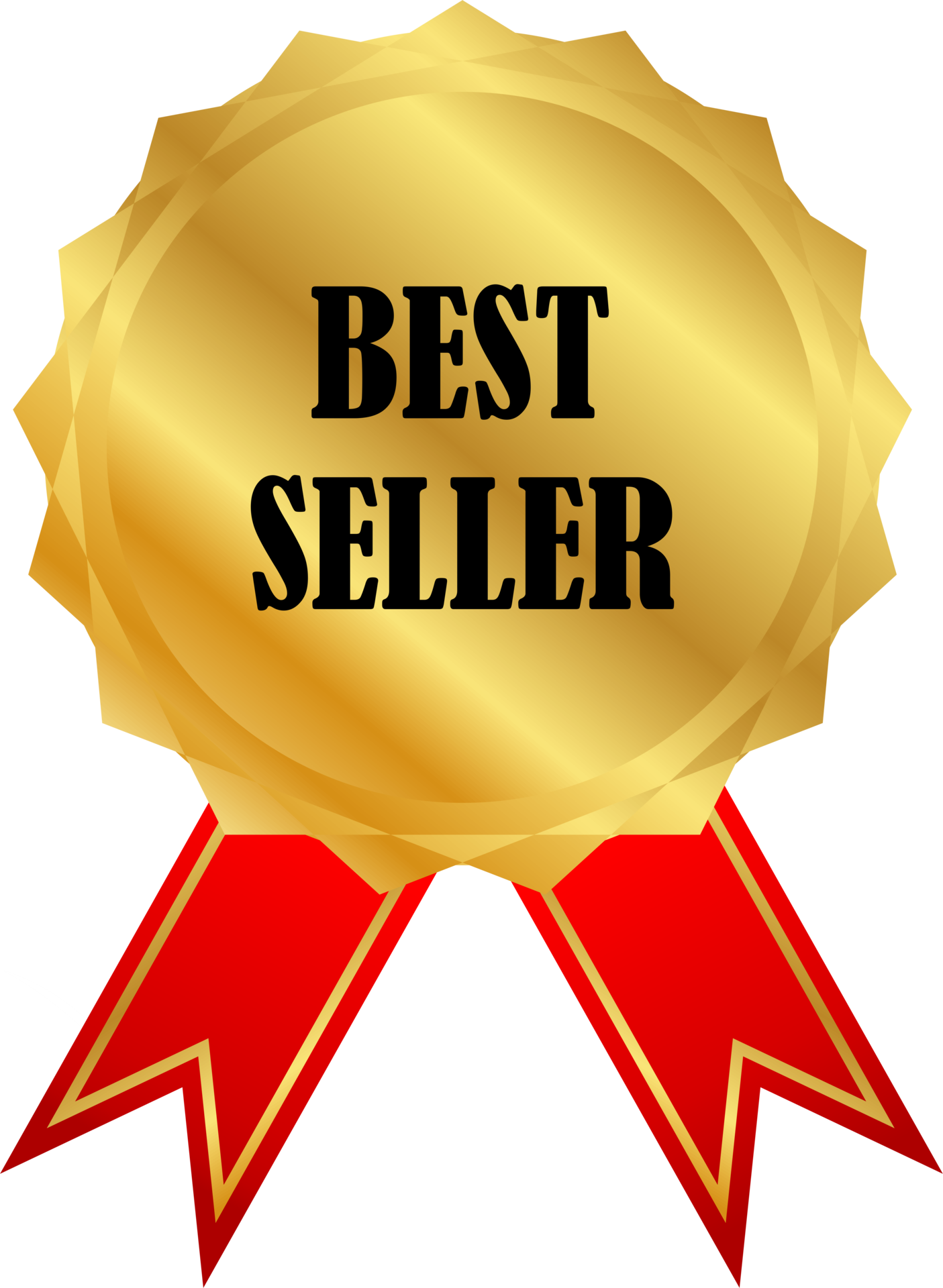 Golden best seller icon symbol sign with red ribbon transparent