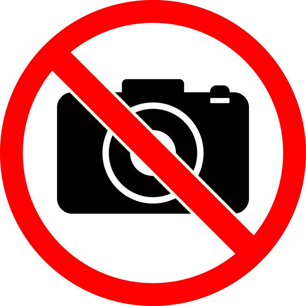 No camera allowed, no video, no photo prohibition sign symbol icon transparent background png