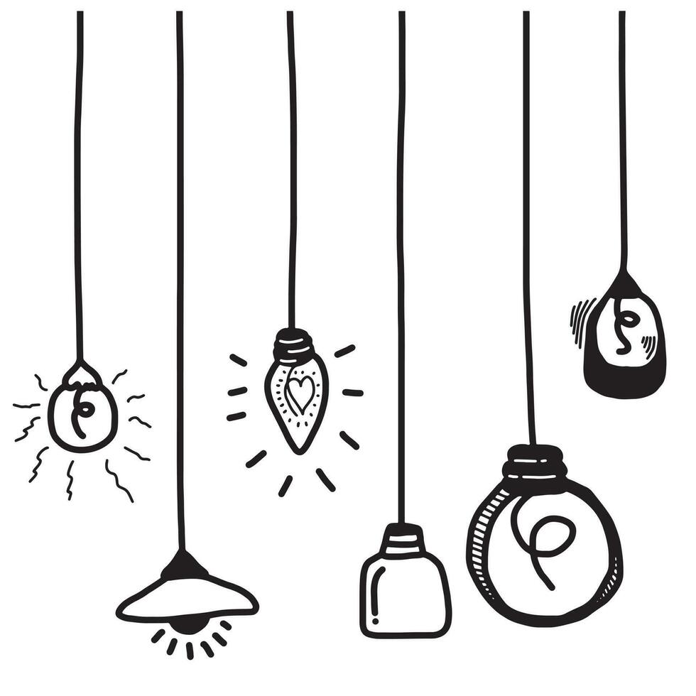 Hand drawn light bulb icons with concept of idea. Doodle style. Vector illustration.
