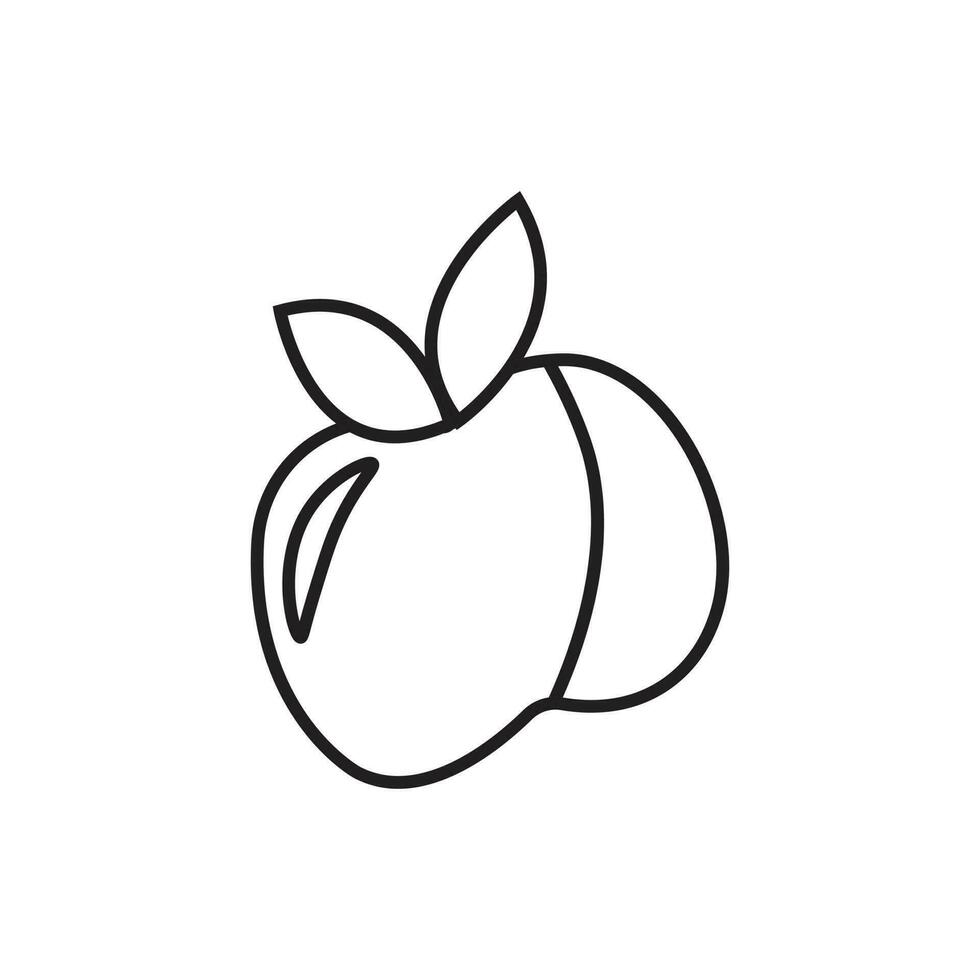 Peach or apple doodle line artwork illustration. Black line fruit drawing with leaves. vector