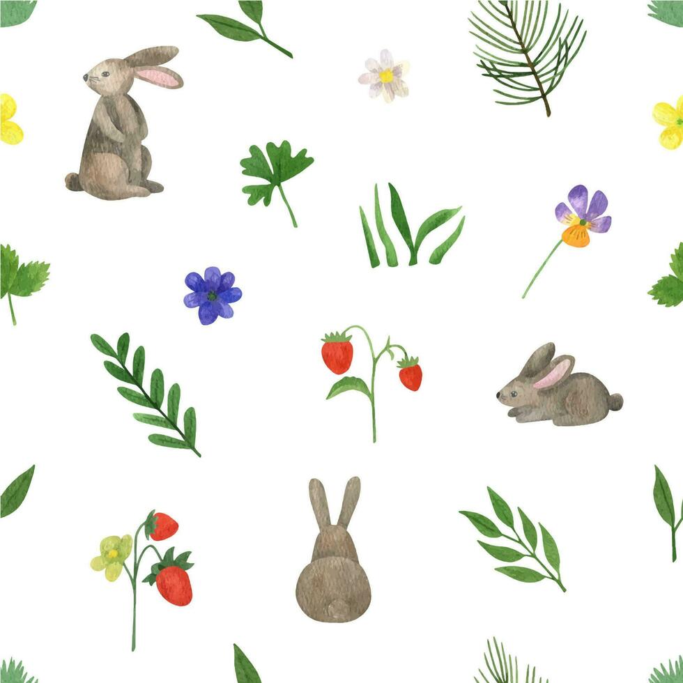 Hand drawn watercolor seamless pattern with forest greenery, flowers, berry and hare vector