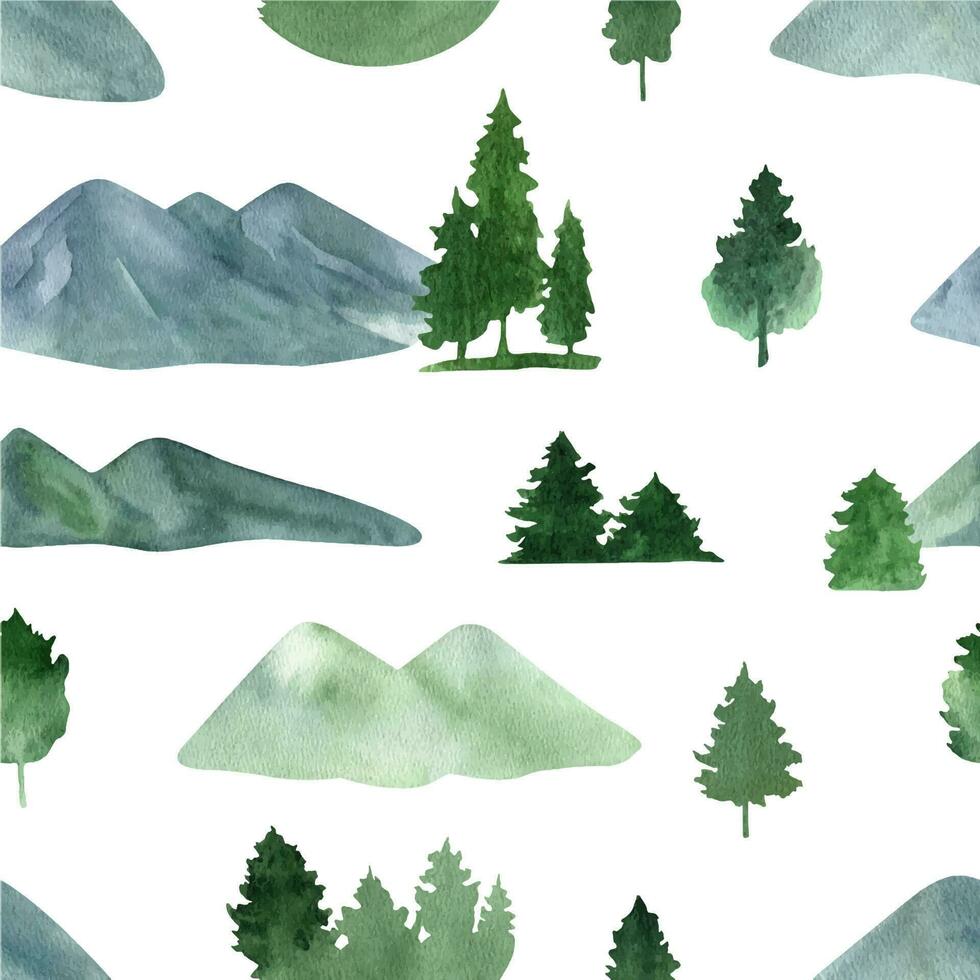 mano dibujado acuarela azul y verde montañas y hojas perennes arboles sin costura modelo vector