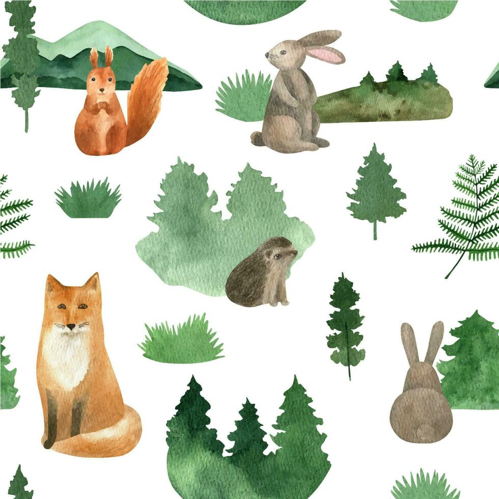 Hand drawn watercolor seamless pattern with mountains, fox, hare, hedgehog, squirrel, forest vector