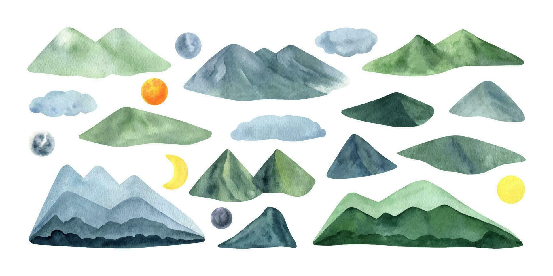 Hand drawn watercolor summer blue and green mountains with sun and clouds vector