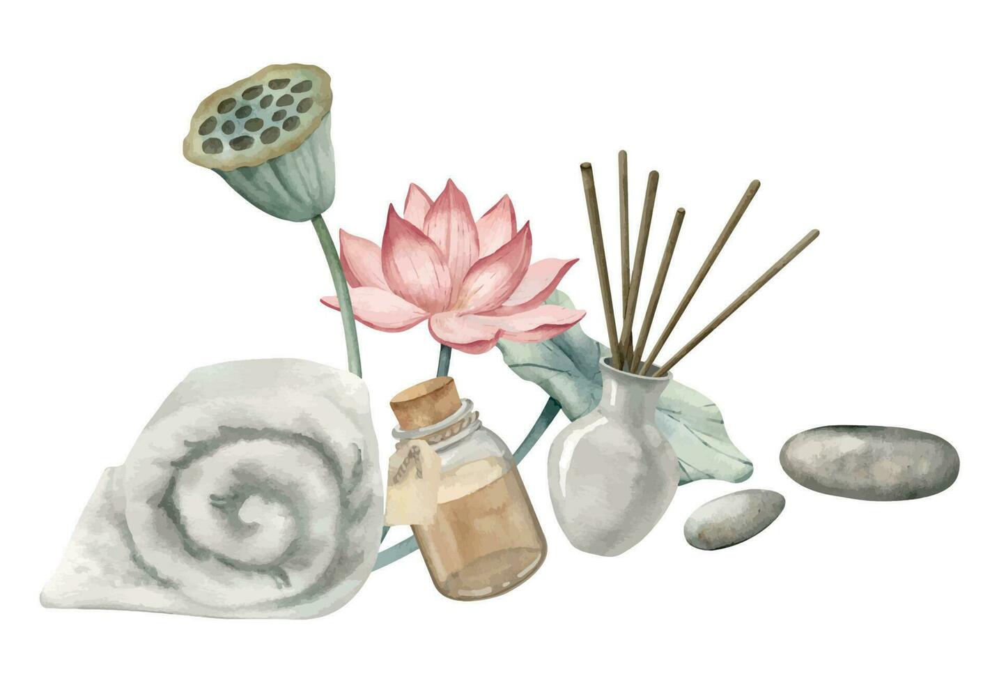 Skin care products with lotus flower. Hand drawn watercolor illustration of Spa towel, diffuser and vintage bottle on white isolated background. Drawing of Eco cosmetics and toiletries for body. vector