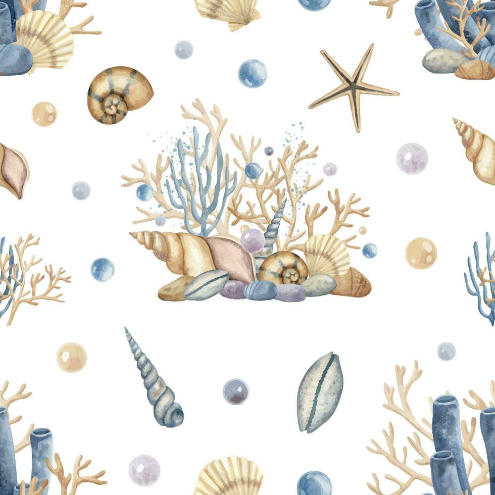 Seashell seamless Pattern on isolated white background. Hand drawn illustration of scallop sea Shells, nautilus and corals for textile design or wrapping paper in marine style. Cockleshell ornament. vector