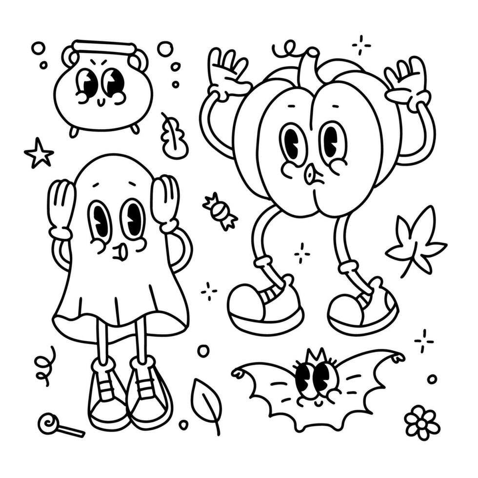 Halloween decorative design children coloring page composition. Pumpkin. ghost, bat and small cauldron. Hand drawn retro cartoon vector illustration for poster print, party invitation, sale banner.