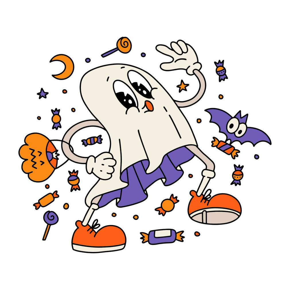 Halloween Retro cartoon cute candy picker ghost. Vector illustration design on isolated background. Trendy Vintage 70s style. For print and web.