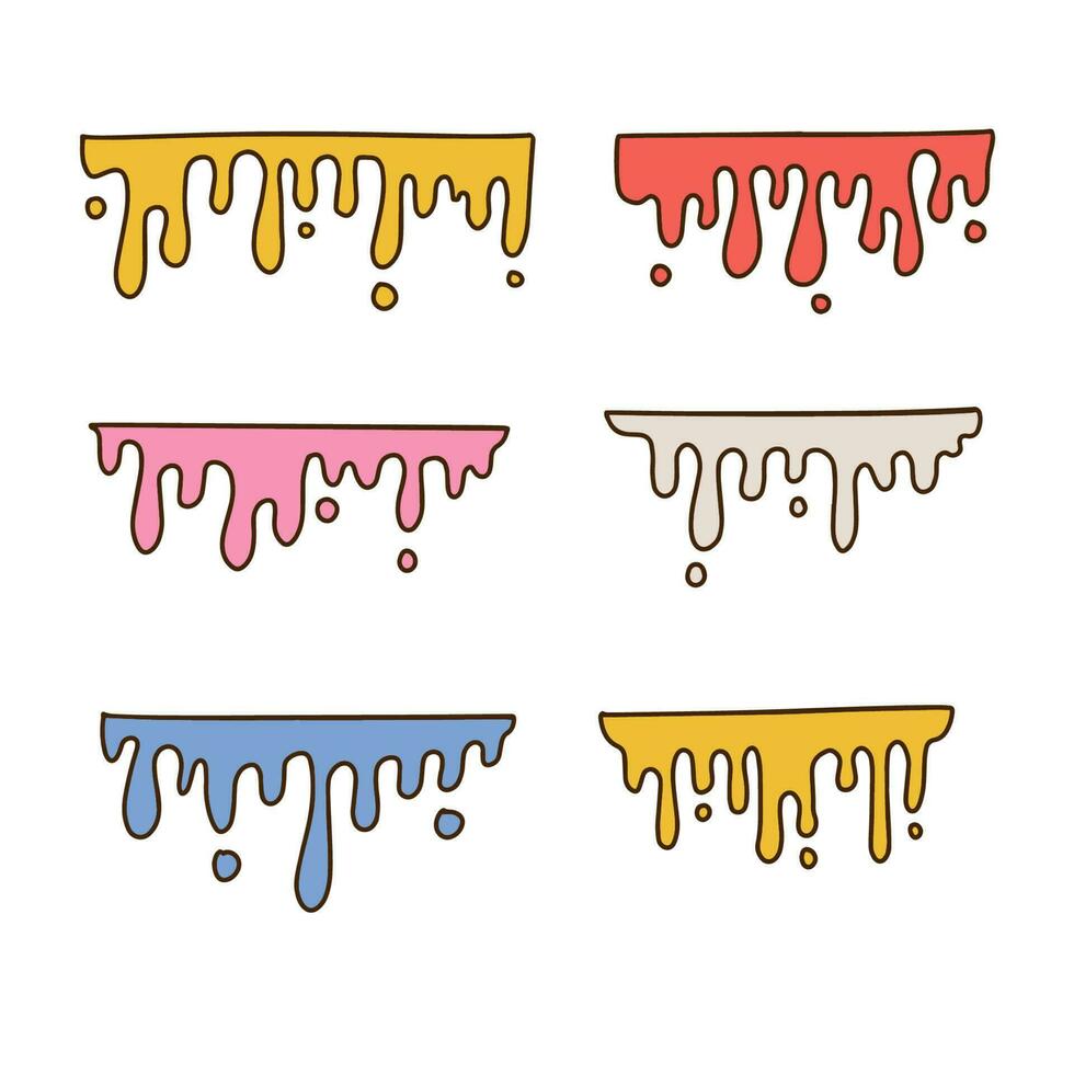 70s groovy colorful melting drops set. Contour hand drawn vector illustration. Nostalgic decor elements collection.