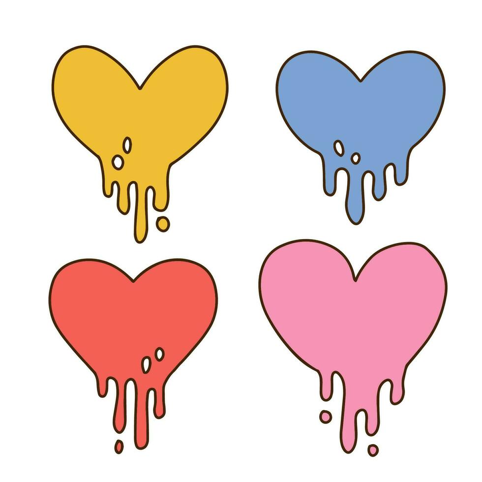 Set of dripping hearts. Groovy melting heart shaped elements collection. Contour hand drawn Vector illustration