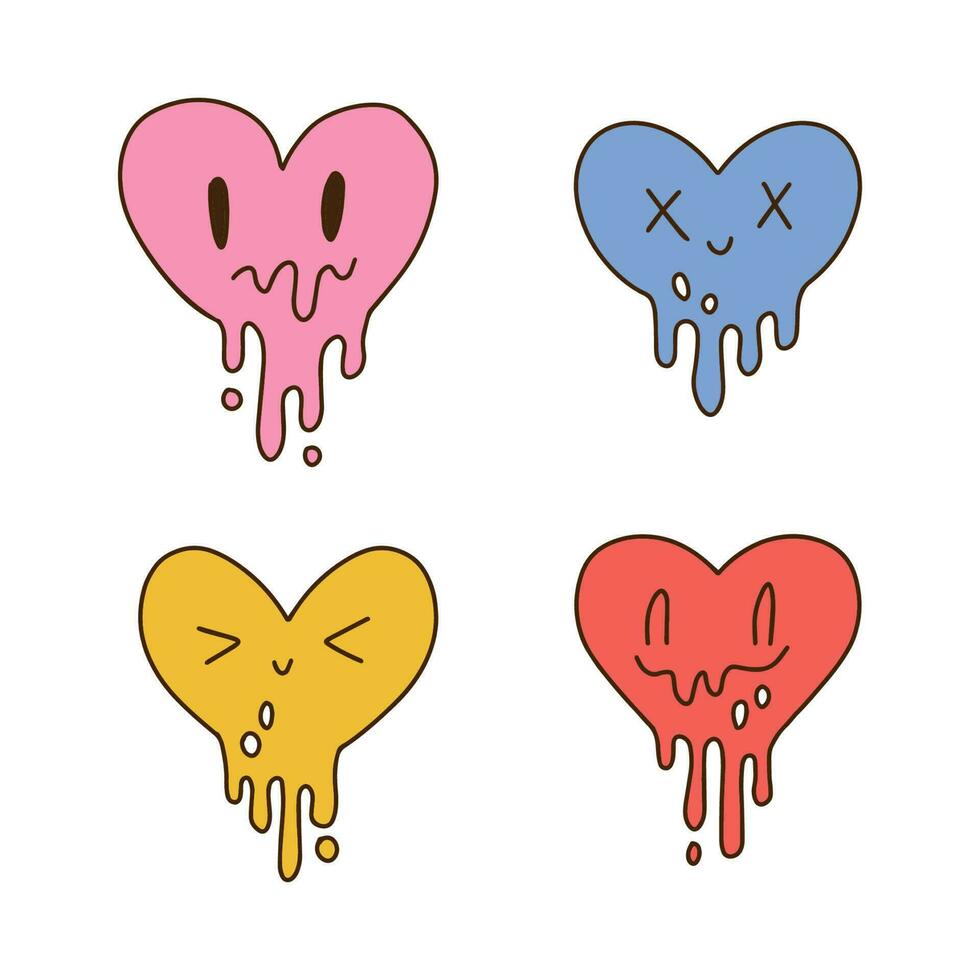 Melted hearts with smile face set. Vintage vector hand drawn illustration for t-shirt, sticker, or apparel merchandise. Heart shaped emoticons in modern pop and retro style.