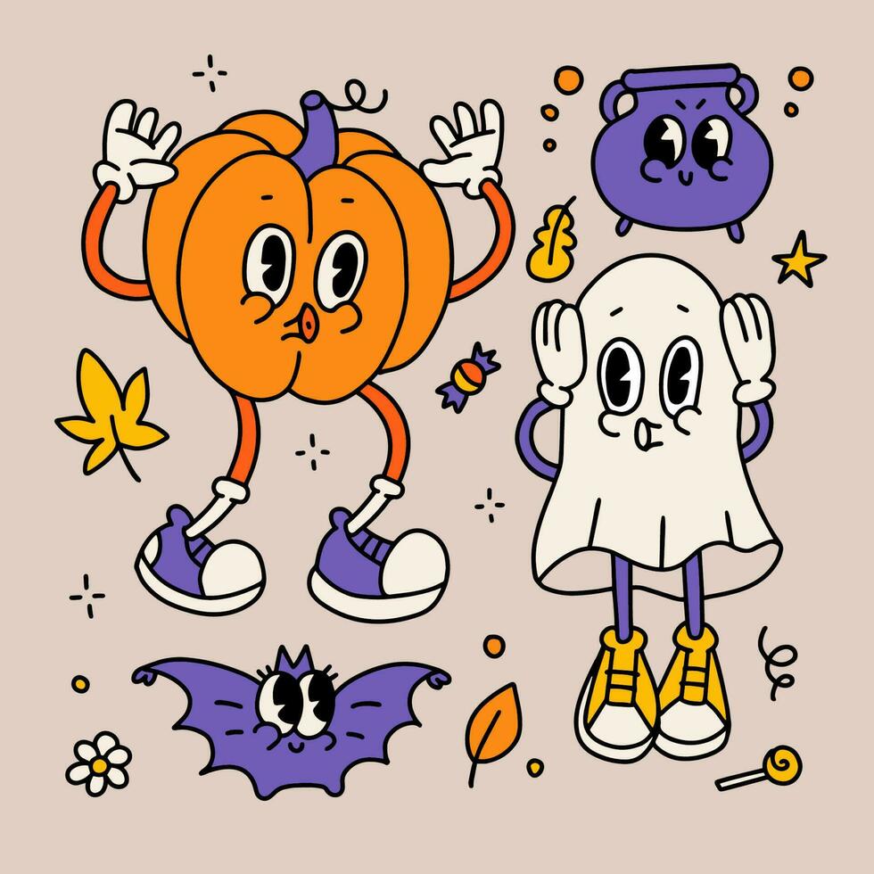 Groovy Retro Cartoon Halloween characters set. Old trippy creepy figures of ghost, pumpkin, cauldron, bat. 70s linear hand drawn vector illustration. Vintage colorful mascots doing boo.