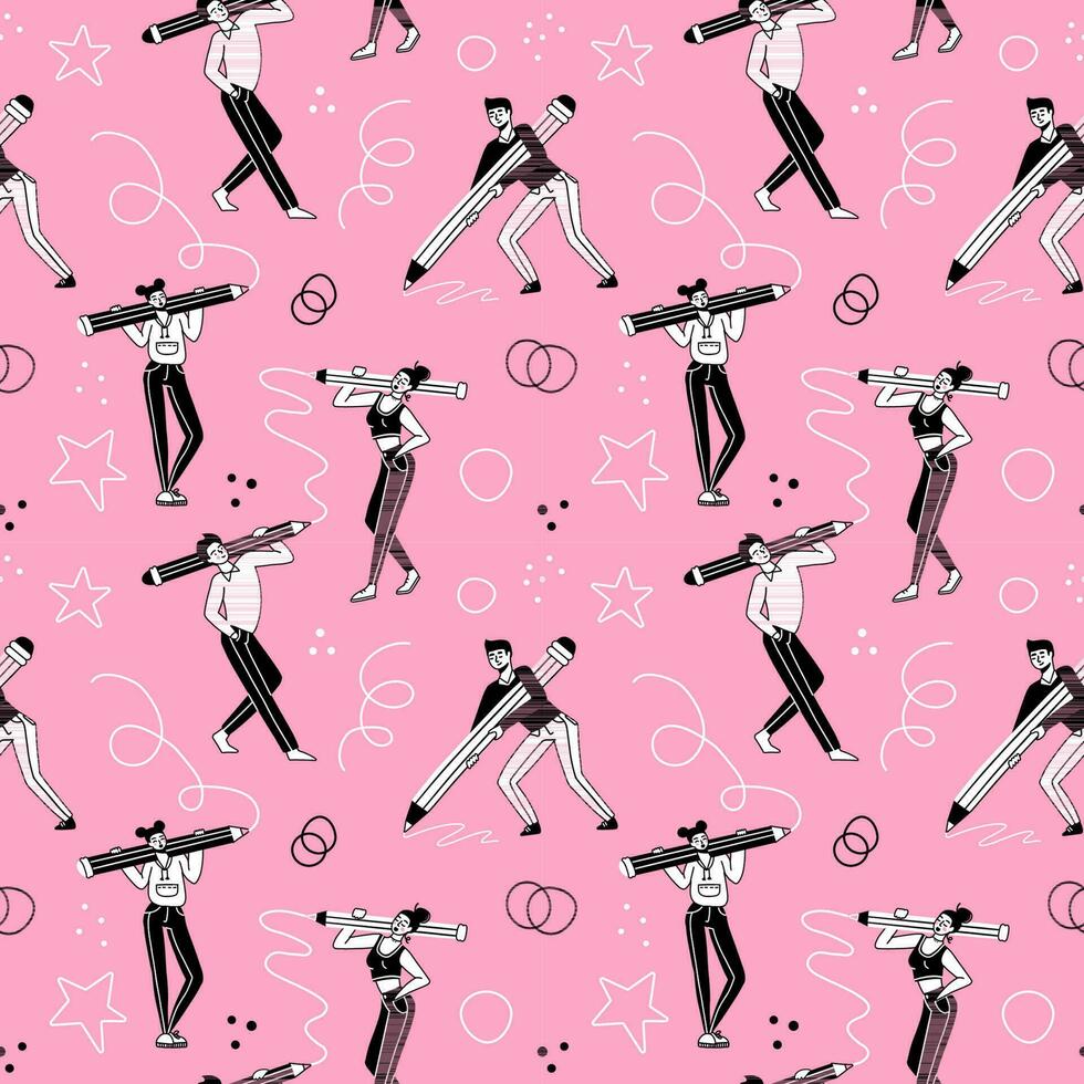 Seamless pattern with Many young people with a large pencils. Doodle style person holding pencil. Linear Hand drawn Vector illustration on pink background. Drawing, writing, creating, design concept.