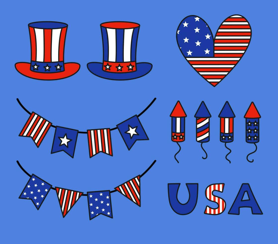 Set of cartoon design elements for USA independence day in colored doodle style vector