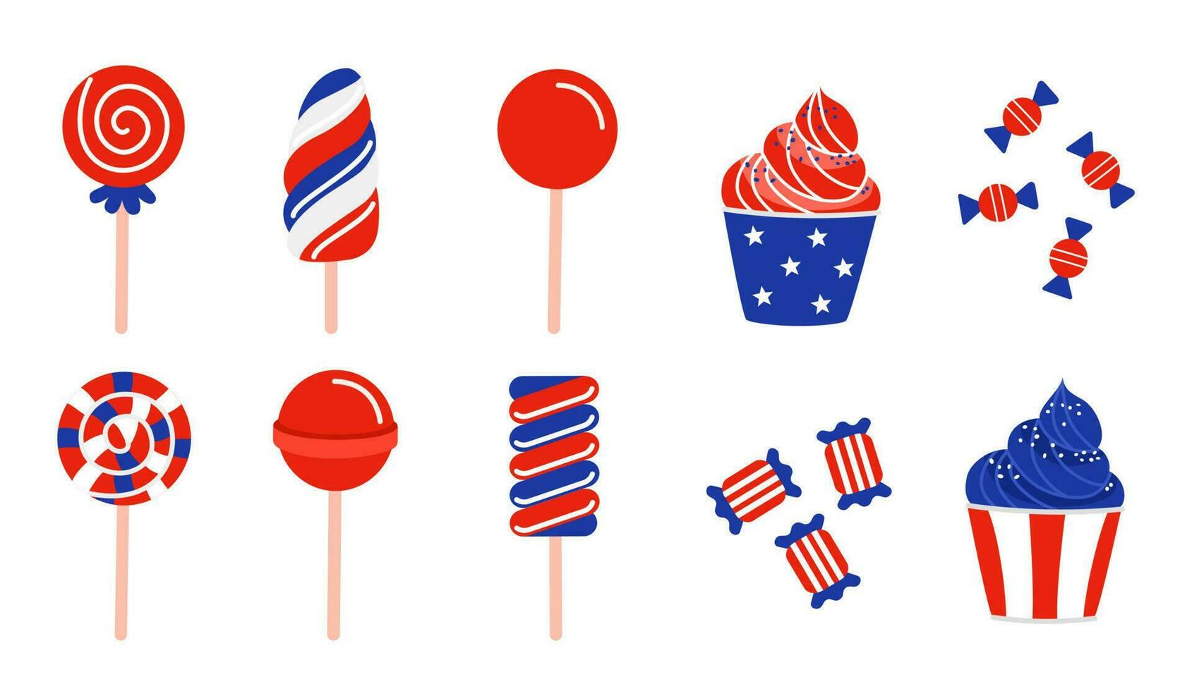 Illustration of a set of lollipops, sweets, and cupcakes in red, white, and blue in a flat style. Sweets for USA Independence Day. Vector illustration