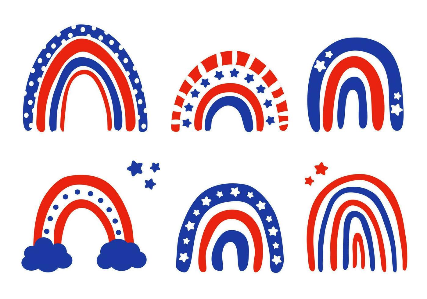 Set of rainbows illustration in cartoon doodle style in red, blue and white colors with stars. vector