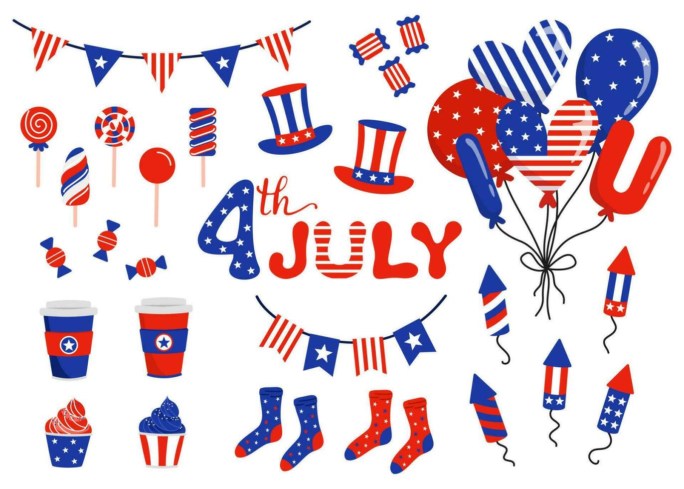 USA Independence Day. Set of design elements, icons, objects for July 4th in cartoon flat style. vector