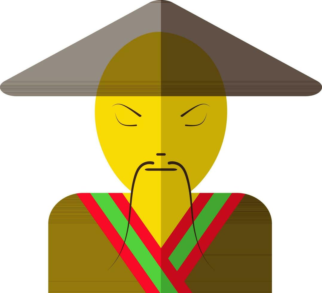 Chinese man in icon with hat and close eye in half shadow. vector