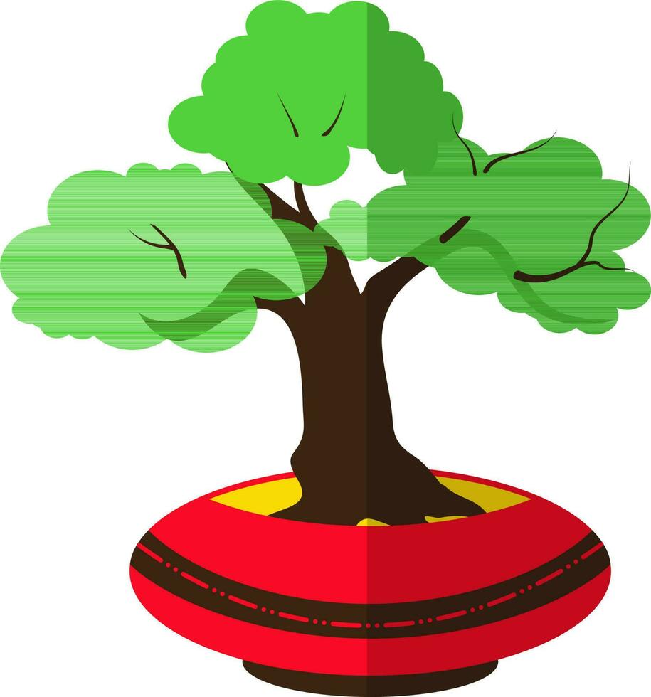 Bonsai tree icon with red pot in half shadow. vector