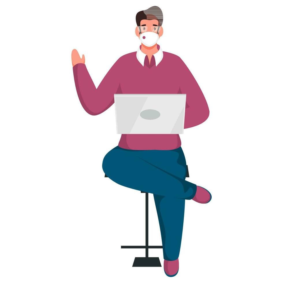 Young Man Wear Protective Mask with Using Laptop Sit on Stool. vector