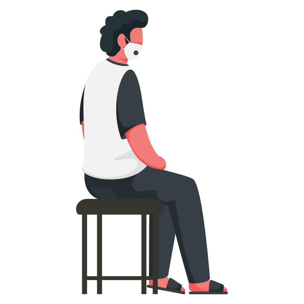 Side View of Young Man Wear Protective Mask Sitting on Stool. vector