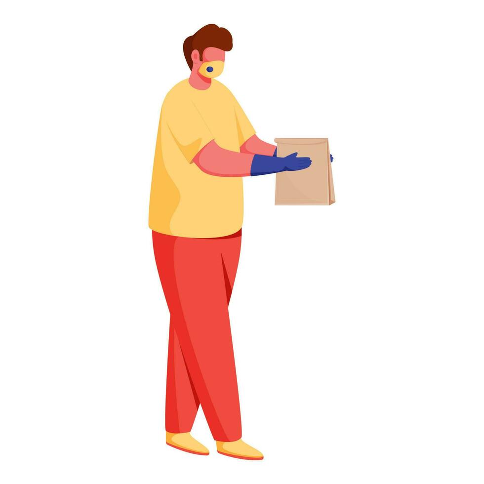 Young Man Wearing Medical Mask with Gloves and Hold Paper Bag in Walking Pose. vector