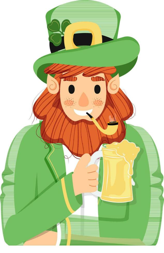 Leprechaun Man Cartoon Character Smoking and Holding Beer Mug in Sitting pose. vector