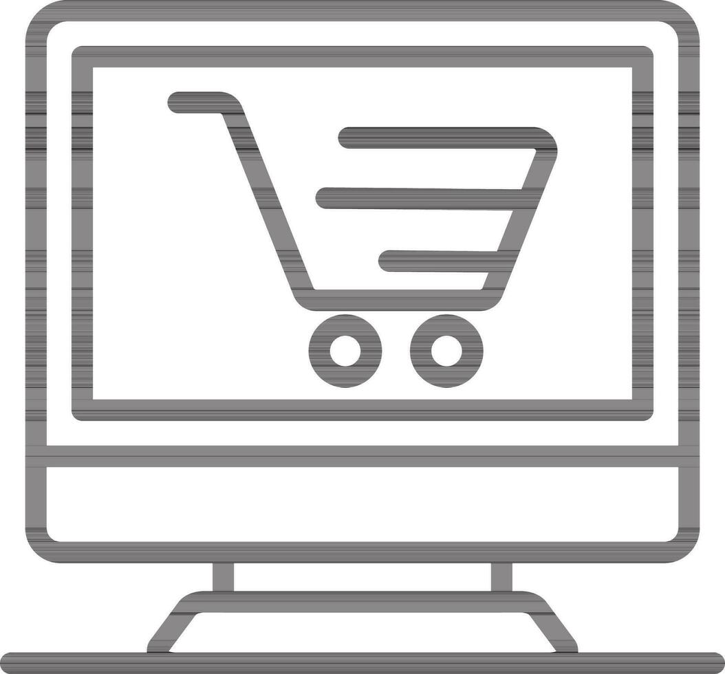 Online Shopping Cart in Desktop Screen icon in Black Thin Line Art. vector