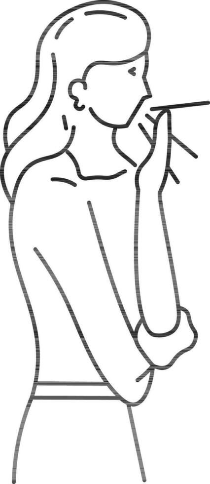 Sneezing or Coughing modern girl with hand cover icon in black outline. vector