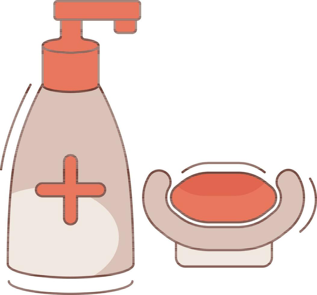 Pump Bottle with Soap Bar icon in orange and brown color. vector