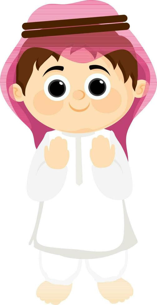 Cute praying arabian boy in traditional outfits. vector