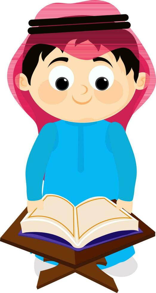 Character of cute arabian boy reading Quran. vector