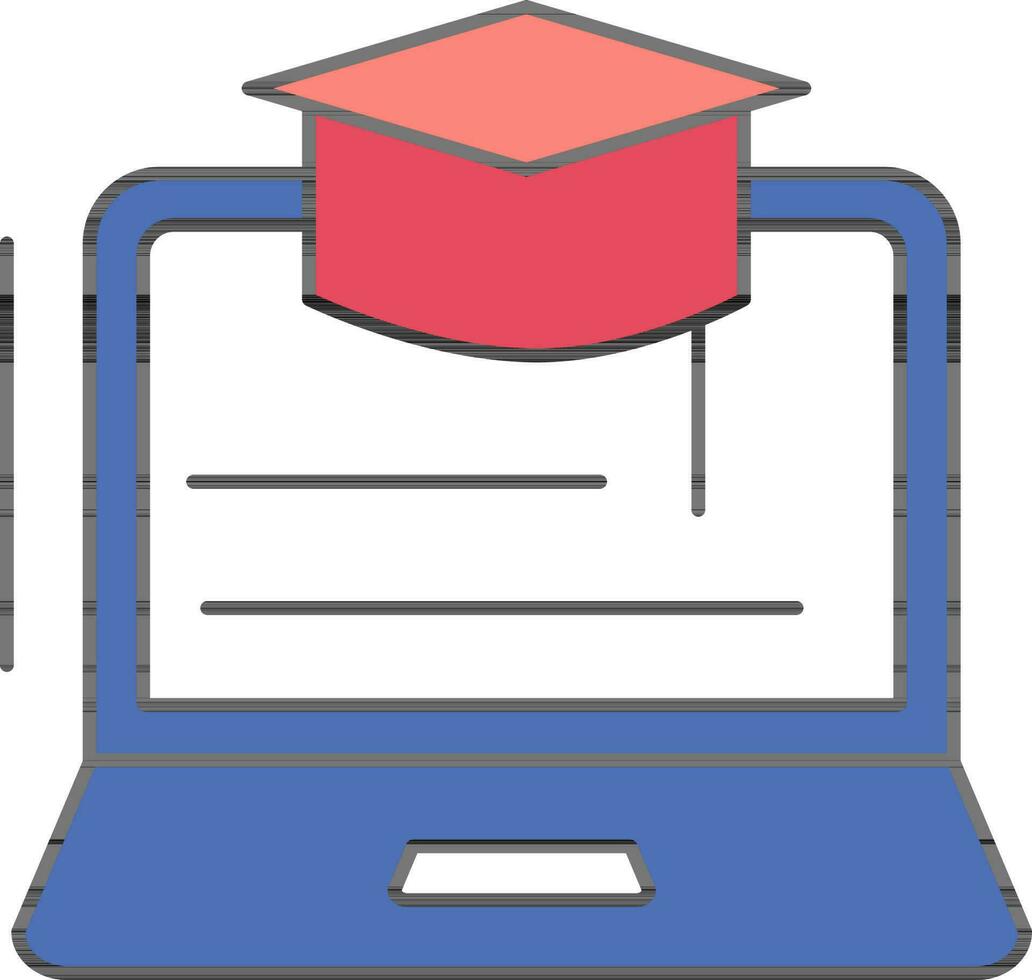 Flat Style Laptop with Graduation Cap icon in red and blue color. vector
