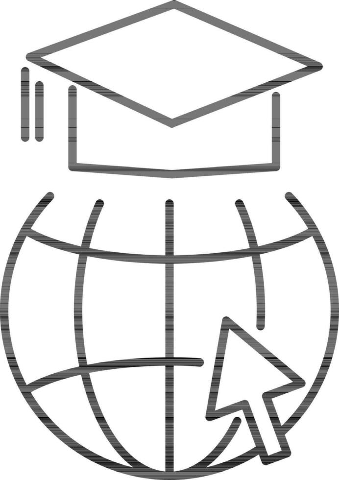 Graduation Cap with Globe and Cursor Arrow icon in thin line art. vector