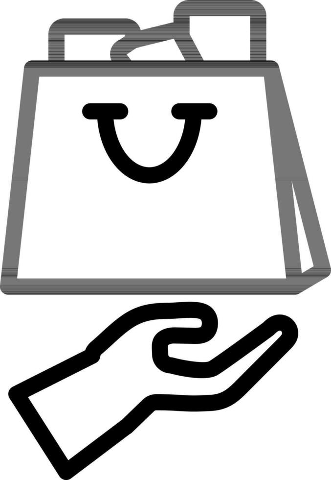 Line art illustration of hand holding shopping bag full of goods. vector