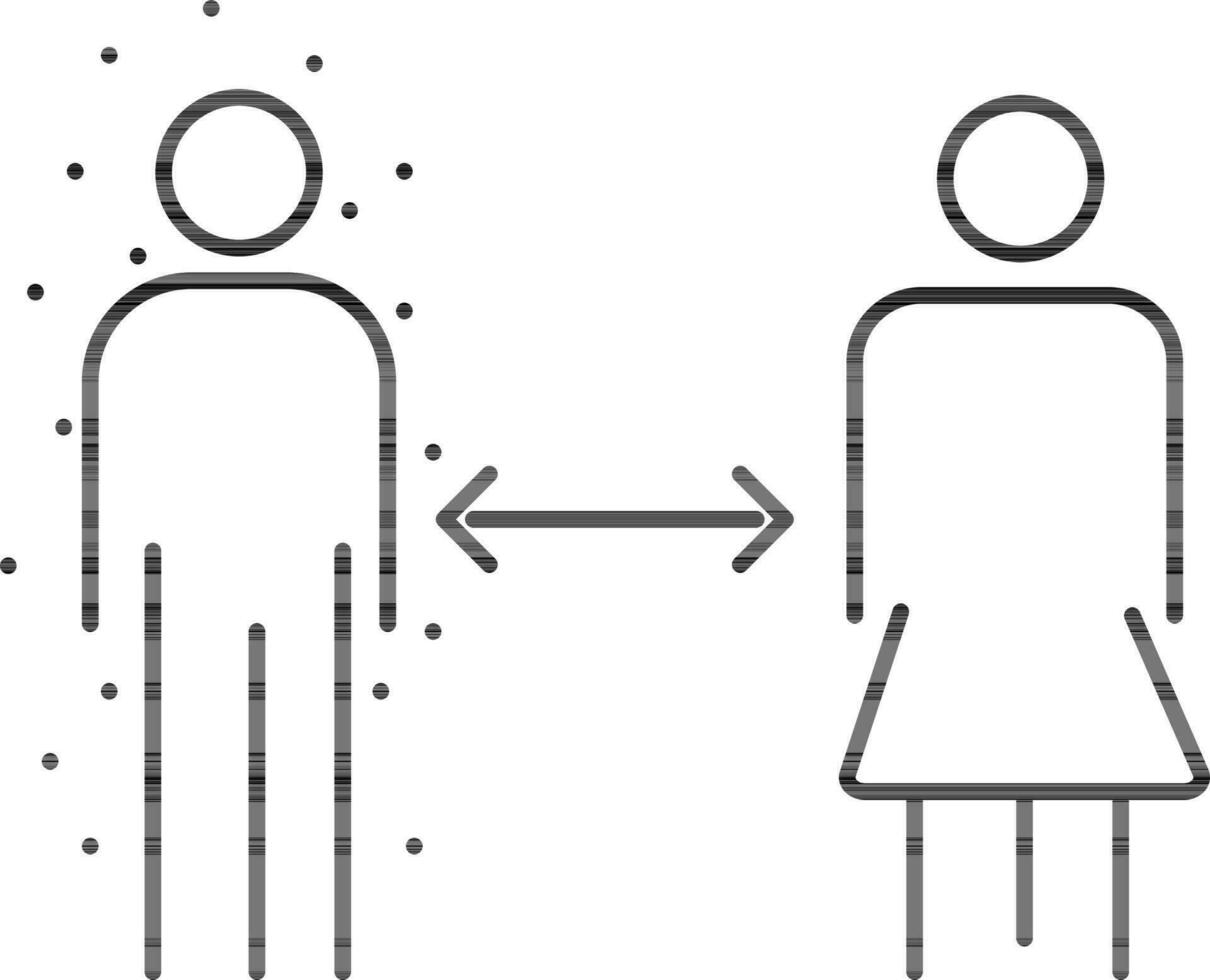 Virus infection man and Woman standing with social distance icon in thin line art. vector