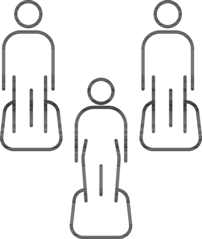 Line art illustration of People standing on square background for social distancing icon. vector