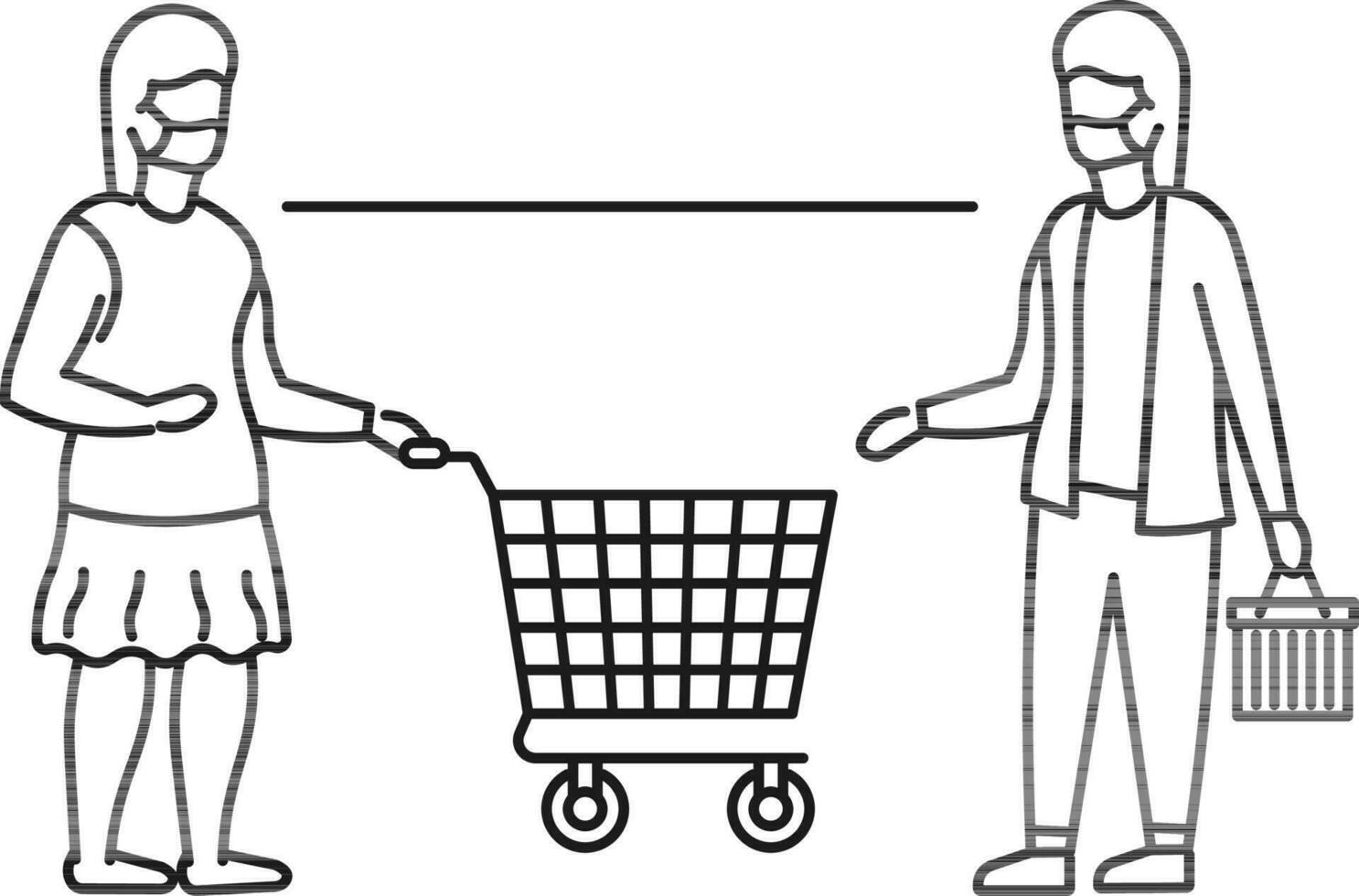 Illustration of Women shopping holding bag and cart icon in thin line art. vector