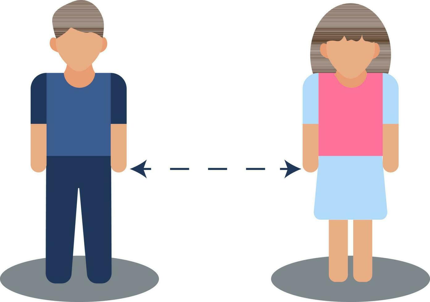 Vector illustration of Faceless man and woman standing on round gray background for Social Distancing.