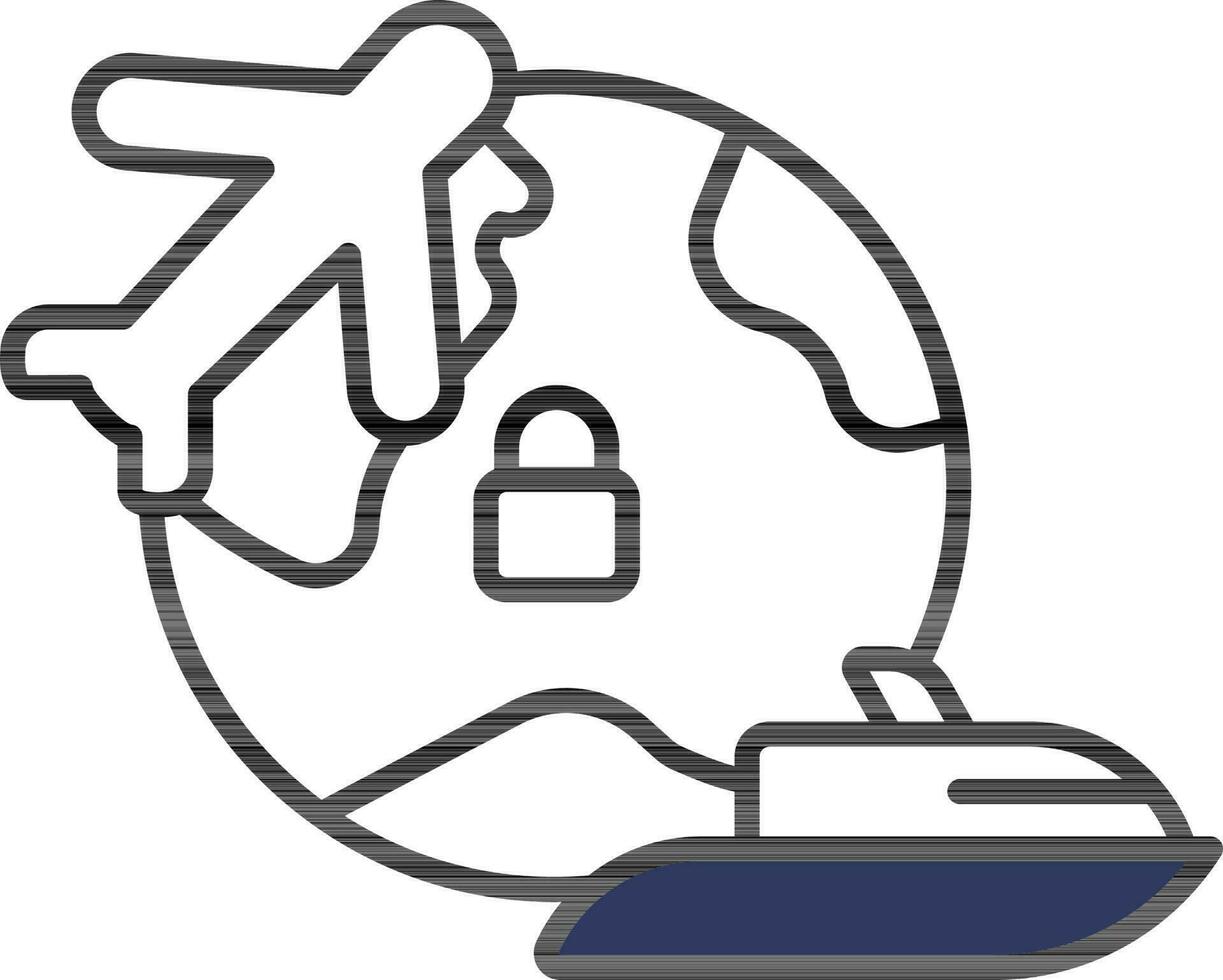 Stop Air Flight and Traveling  Boat of Global Lock Public Transport line  icon for Covid-19 Protection. vector