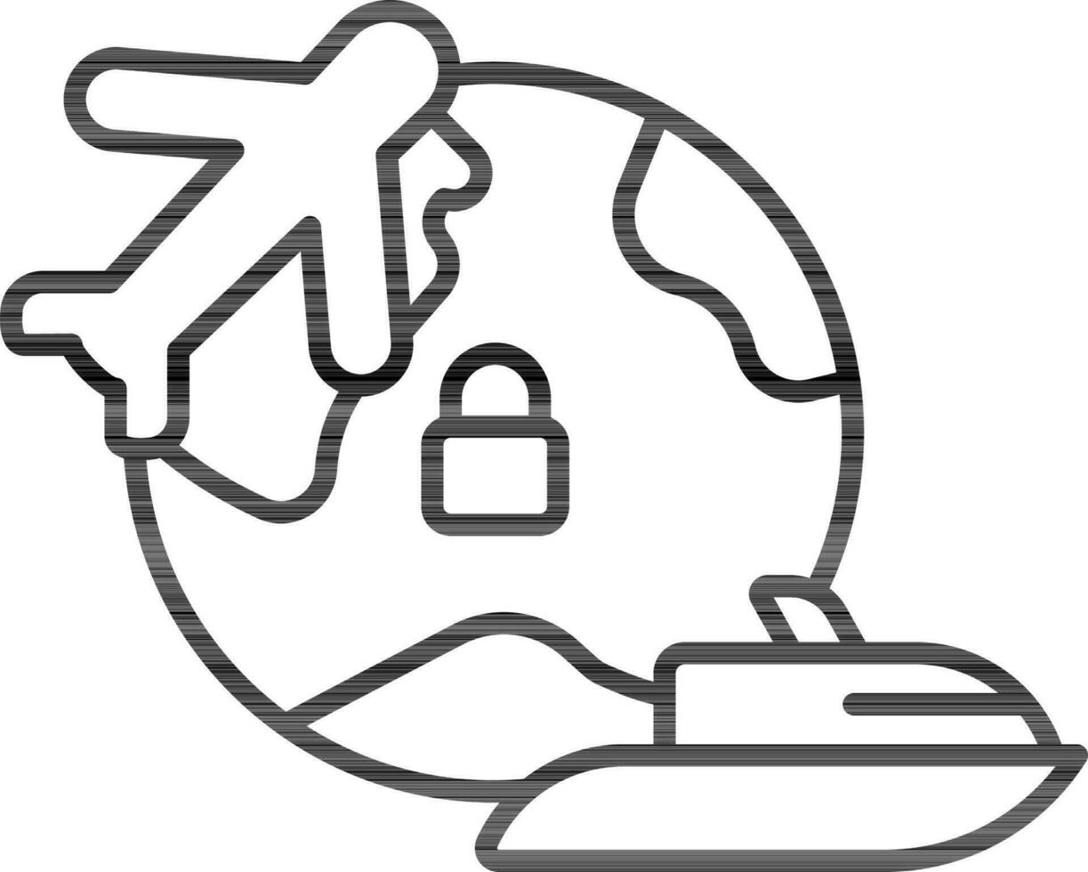Line art illustration of Stop Air Flight and Traveling  Boat of Global Lock Public Transport icon for Covid-19 Protection. vector
