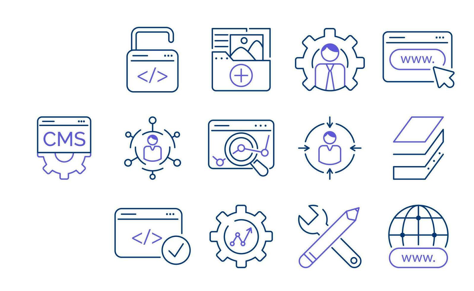 Content Management System set icons. Creation, publishing content, blog promotion, database administration, seo optimization, analysis, setting, support. Network internet technology for web business vector