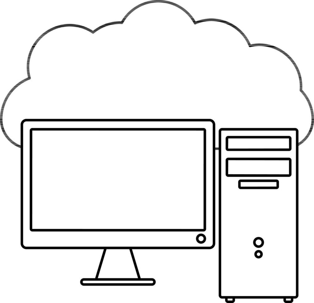 Moniter with CPU in line art illustration. vector