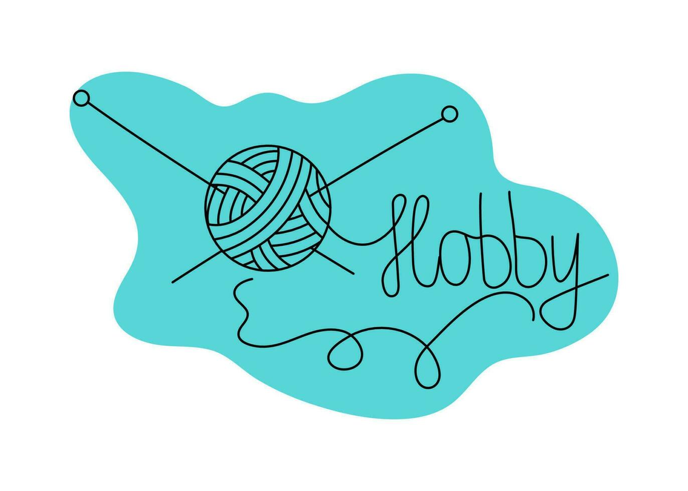 Skein of thread, ball of wool. Needles for knitting. Lettering, calligraphy. Hobbies.  Doodle style. Logo, Knitting, needlework sign.  Vector illustration. Background isolated.