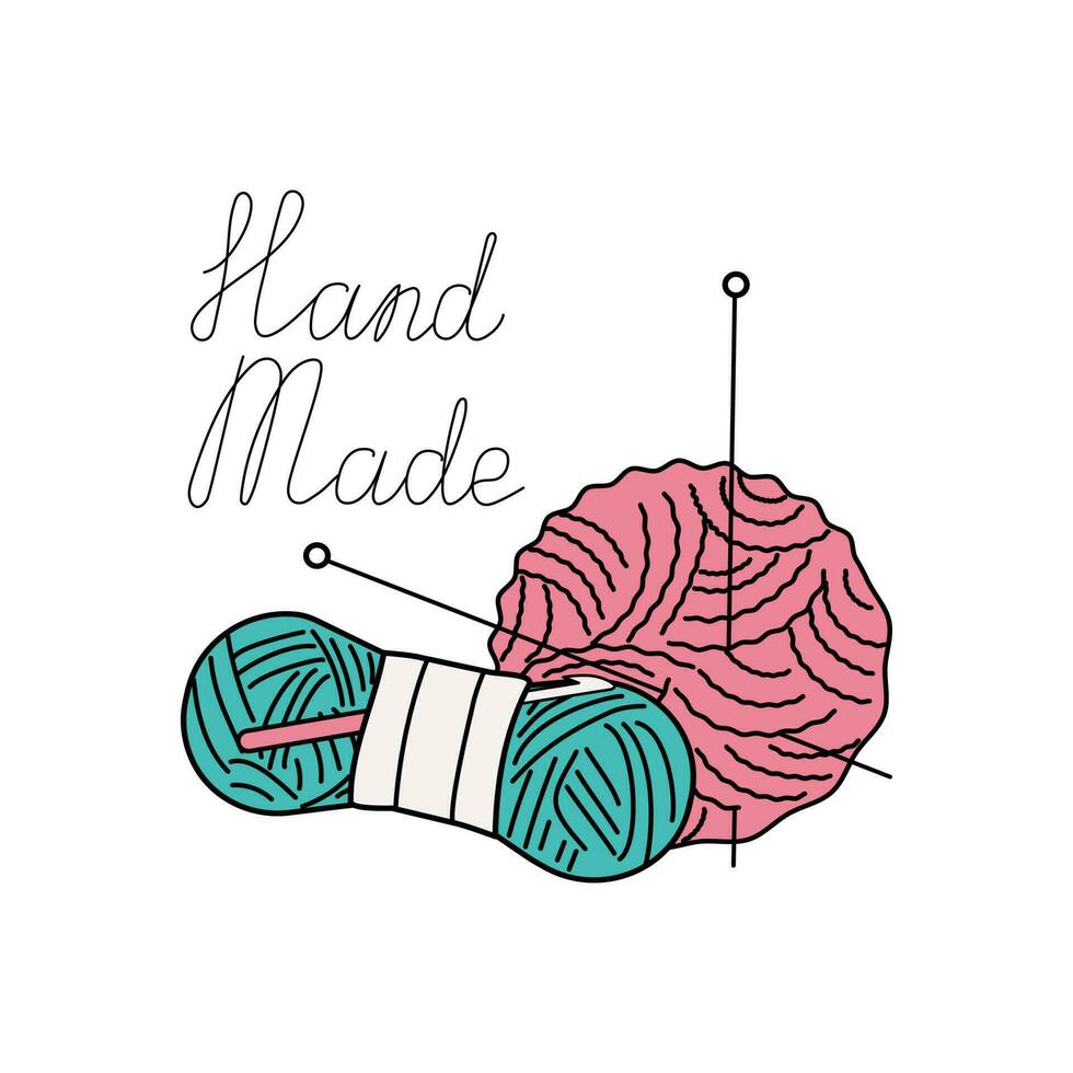 Skeins of thread and knitting needles. Sewing logo, lettering, calligraphy. Handcrafted, handmade sign. Vector icon on isolated background.