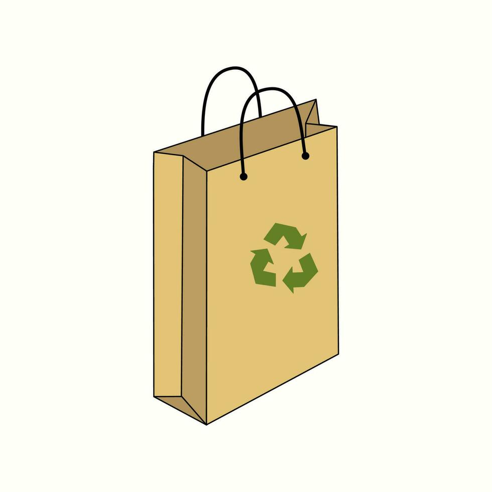 Empty Paper Shopping Bag.  Eco paper bag with recycling logo . Eco-friendly lifestyle concept.  Vector illustration. Background isolated.