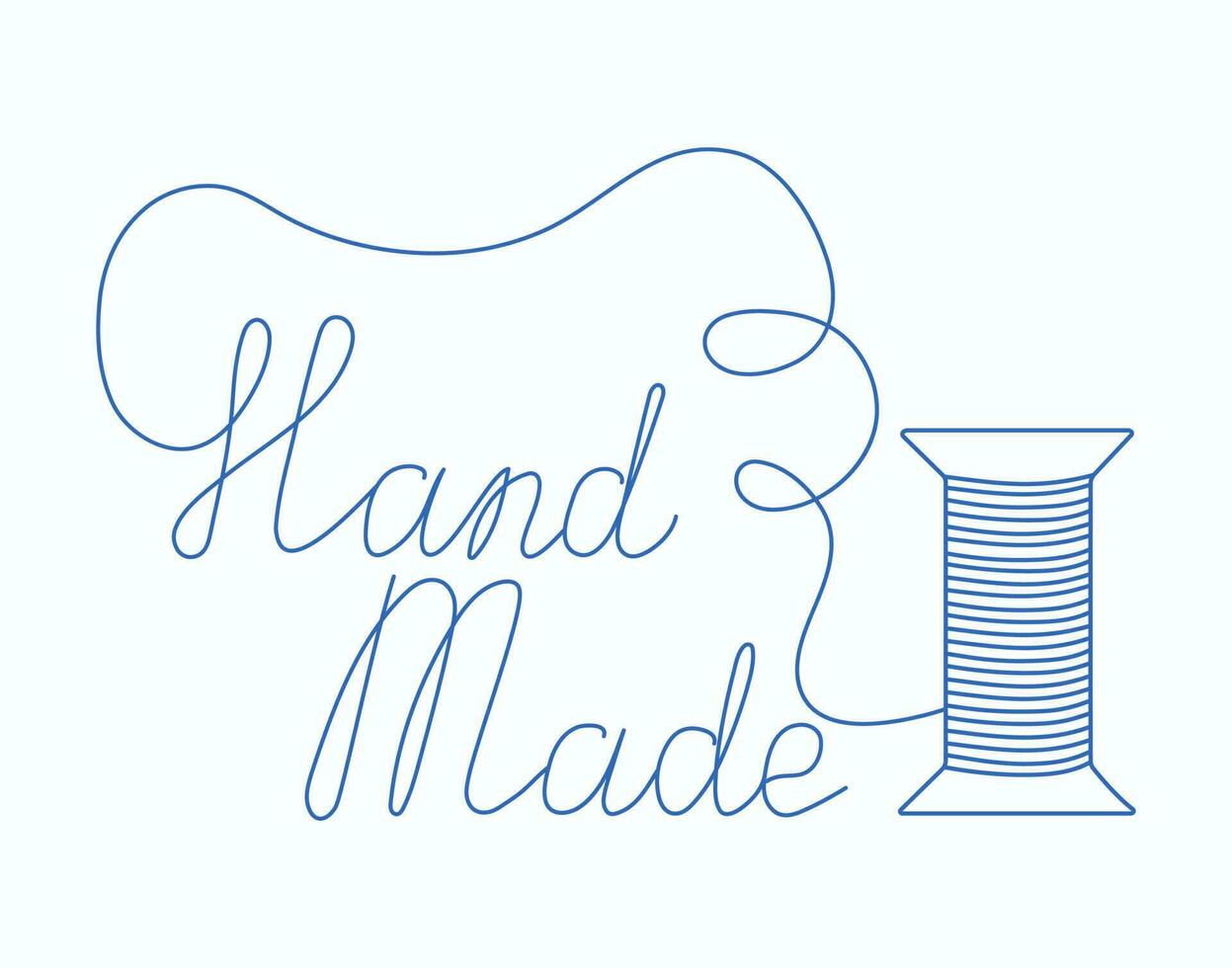 Lettering Handmade. Reel of thread. Sign of sewing, hobbies, needlework. Calligraphy.  Doodle style.  Vector illustration. Background isolated.