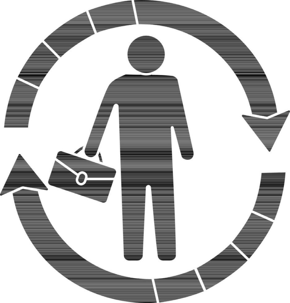 Icon of businessman with suitcase on circular arrow. vector