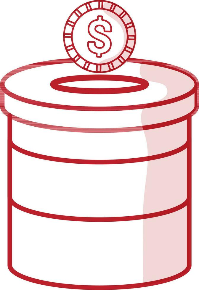 Charity box with coin in red line art. vector