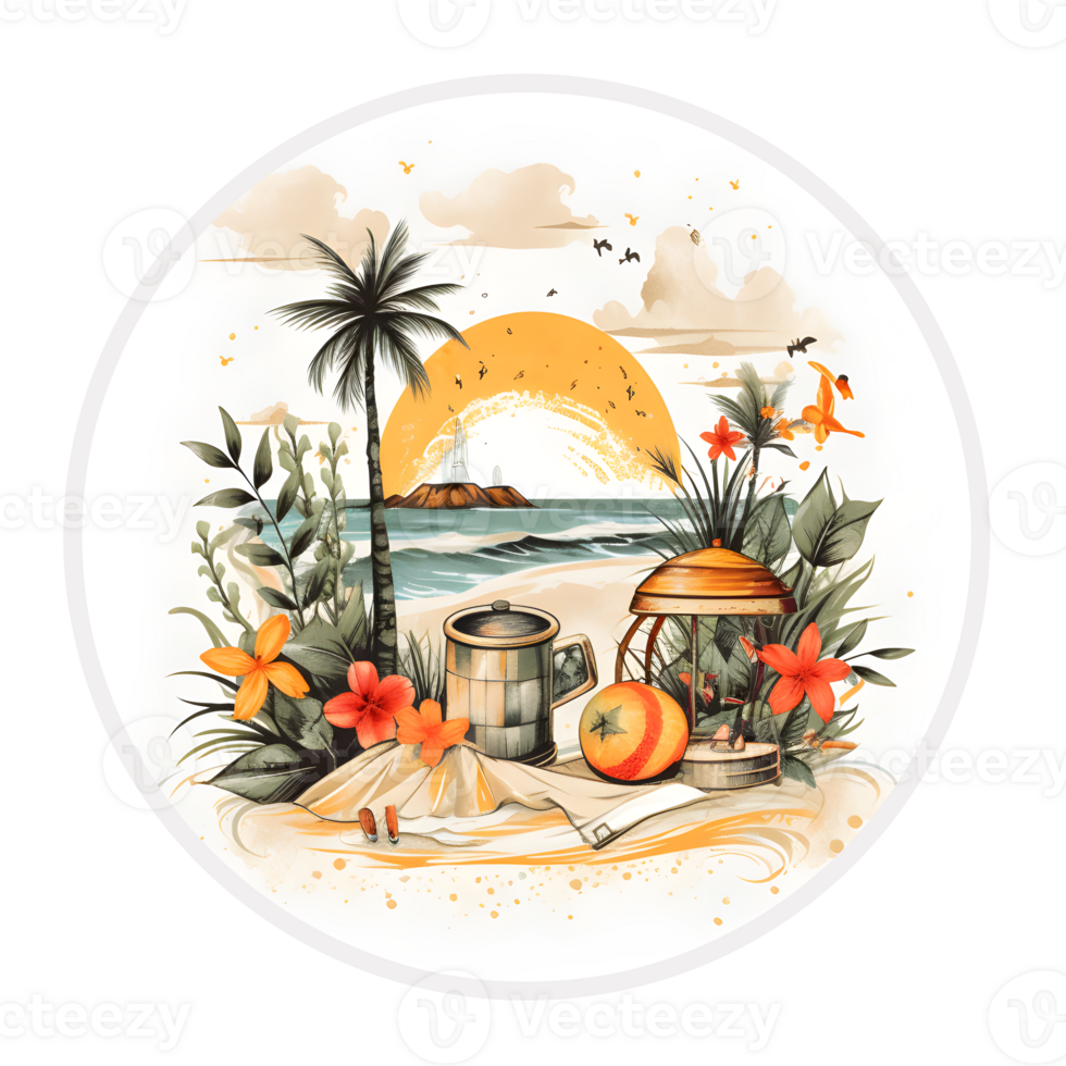 été vacances T-shirt conception, tendance conception ,plage croquis, livre couverture ,affiches et autre les usages ,png isolé. génératif ai png